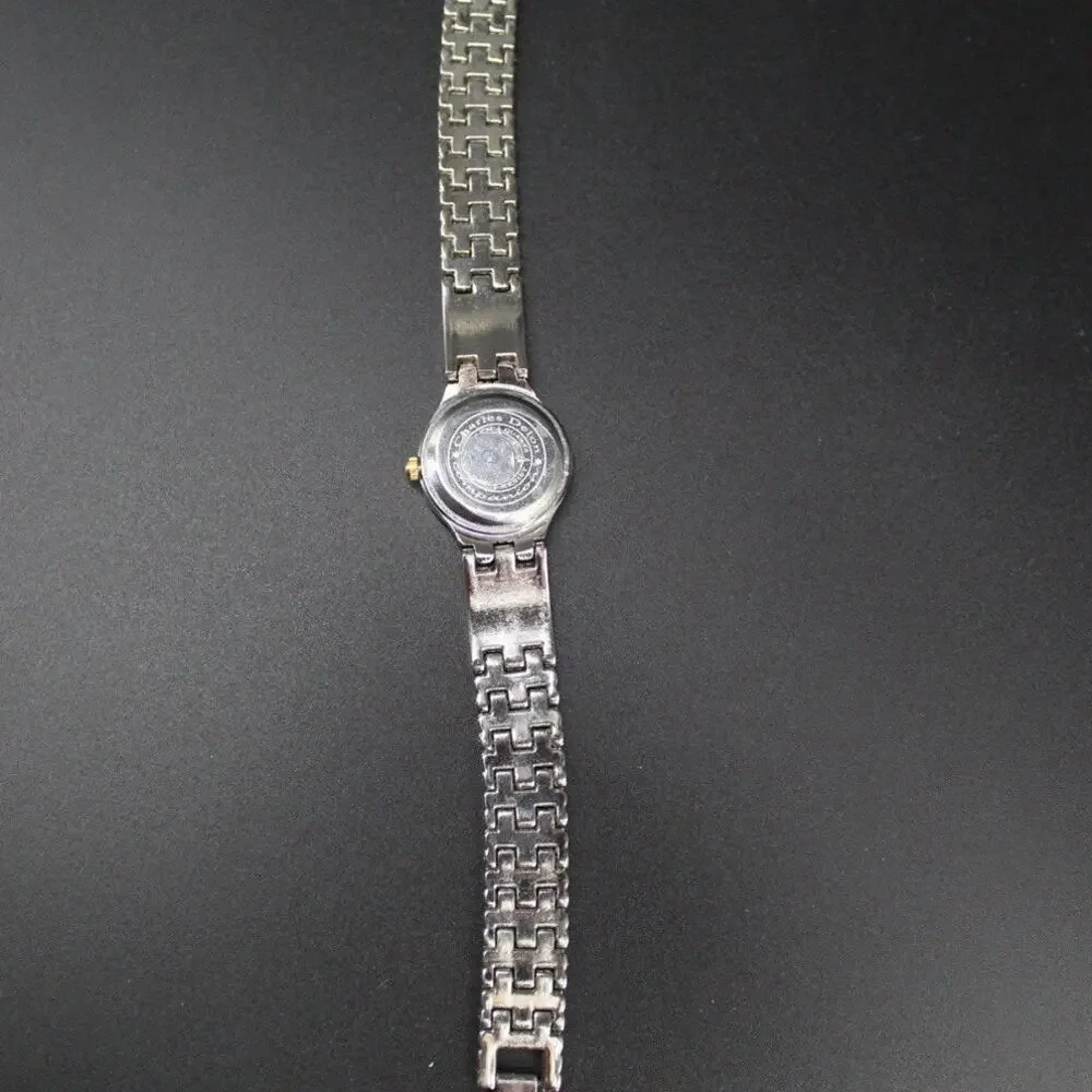 Charles Delon Black Dial Round Silver Tone Case Two Tone Band Watch New battery